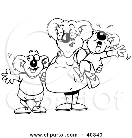 Clipart Illustration of a Black And White Coloring Book Page Outline Of A Pregnant Mother Koala Children by Dennis Holmes Designs