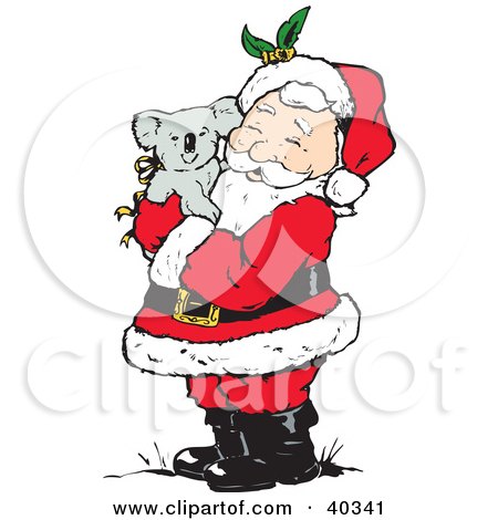Clipart Illustration of Santa Clause Holding and Cuddling With a Cute Koala by Dennis Holmes Designs