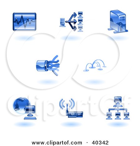 Clipart Illustration of Shiny Blue Computer Tech Icons by AtStockIllustration
