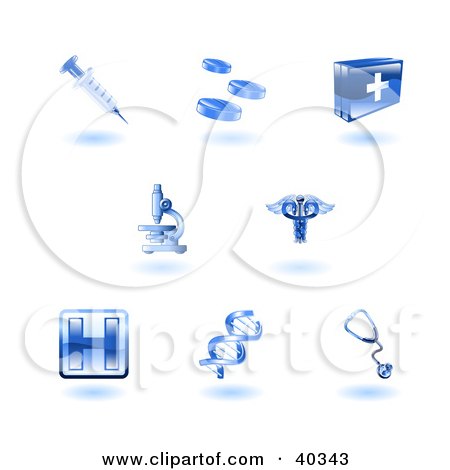 Clipart Illustration of Shiny Blue Health Care Icons by AtStockIllustration