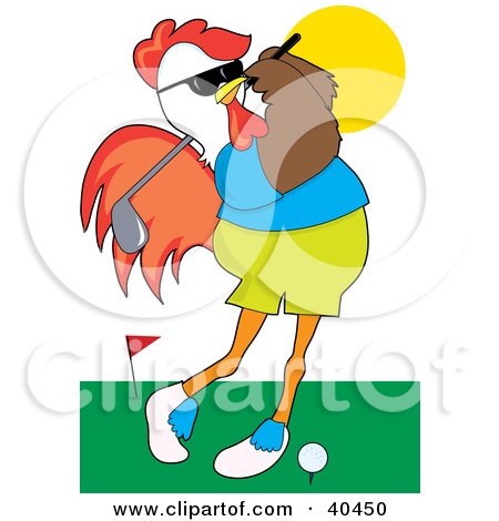 Clipart Illustration of a Male Rooster In Clothes, Swinging His Golf Club by Maria Bell