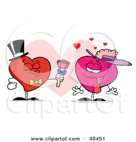 Clipart Illustration of a Sweet Male Heart In A Hat And Tie, Giving Flowers To A Pink Lady Heart by Hit Toon