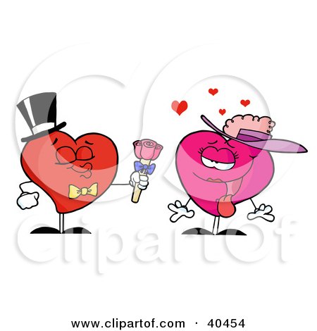 Clipart Illustration of an Amorous Pink Lady Heart Accepting Roses From A Gentleman Heart by Hit Toon