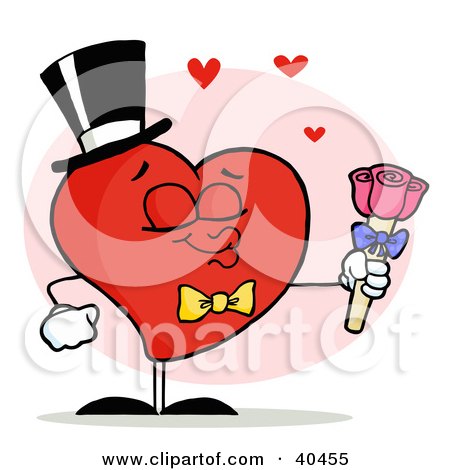 Clipart Illustration of a Gentleman Heart In A Hat And Bow Tie, Holding Out Pink Roses And Puckering His Lips by Hit Toon