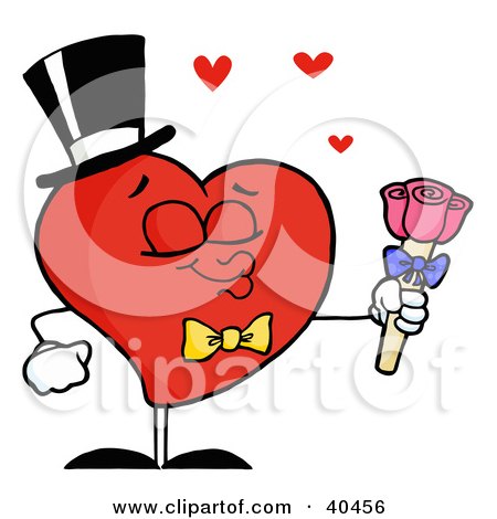 Clipart Illustration of a Heart Man In A Hat And Bow Tie Puckering His Lips And Holding Roses by Hit Toon