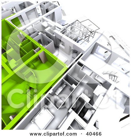 Clipart Illustration of Green And White 3d Apartment Floor Plans On Blueprints by Frank Boston