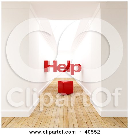 Clipart Illustration of Help Over A Red Cube In A 3d Hallway Interior With Wooden Flooring by Frank Boston