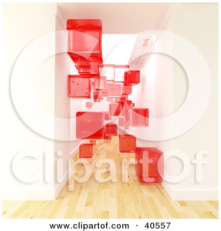 Clipart Illustration of Transparent Red 3d Cubes Floating In A Hallway With Light Wooden Flooring by Frank Boston