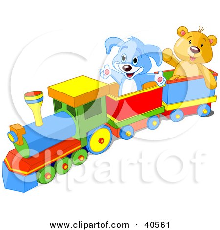 Clipart Illustration of a Happy Blue Puppy And Friendly Teddy Bear Enjoying A Train Ride by Pushkin