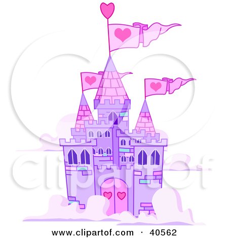 Clipart Illustration of a Purple Castle With Pink Turrets And Heart Flags, Floating In The Clouds by Pushkin