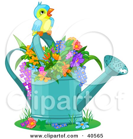 Clipart Illustration of a Cute Bird Perched Over Flowers In A Watering Can by Pushkin