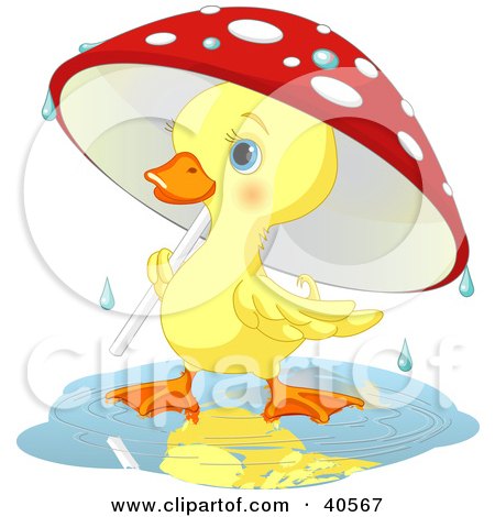Clipart Illustration of a Cute Yellow Duckling Strolling Under A Mushroom Umbrella On A Rainy Spring Day by Pushkin