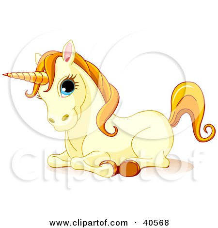 Clipart Illustration of a Resting Cute Yellow Unicorn With Blue Eyes, Orange Hair And A Golden Horn by Pushkin