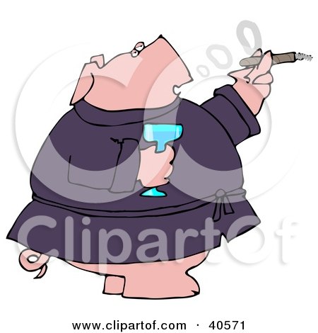 Clipart Illustration of a Wealthy Pig In A Robe, Drinking Champagne And Smoking A Cigar by djart