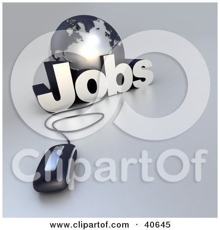Clipart Illustration of a 3d Computer Mouse Wired To A Silver Globe And The Word Jobs by Frank Boston