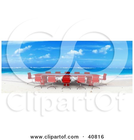 Clipart Illustration of a Red 3d Conference Table And Chairs Set Up On A Beach With White Sands And Blue Waters by Frank Boston