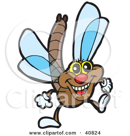 Clipart Illustration of a Happy Brown Dragonfly With Blue Wings by Dennis Holmes Designs