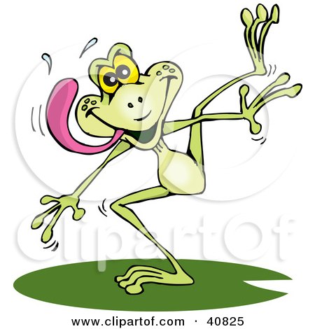 Clipart Illustration of a Goofy Hungry Green Frog Hopping And Sticking His Tongue Out by Dennis Holmes Designs