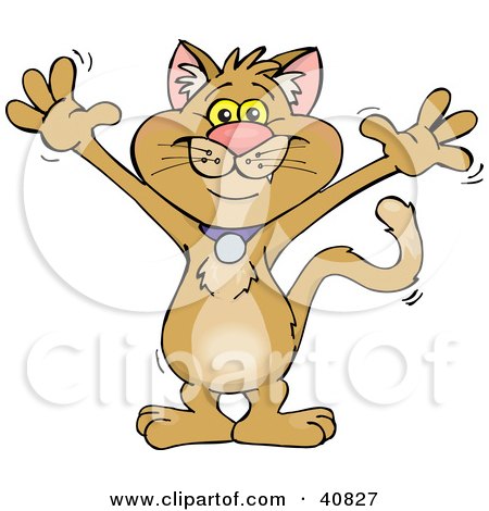 Clipart Illustration of a Happy Brown Kitty Cat Smiling And Holding His Arms Up by Dennis Holmes Designs