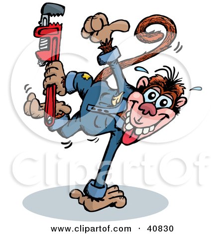 Clipart Illustration of a Hyper Monkey Character Holding A Monkey Wrench by Dennis Holmes Designs