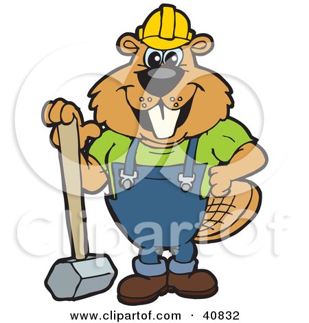 Clipart Illustration of a Beaver Character Construction Worker Leaning On A Sledgehammer by Dennis Holmes Designs