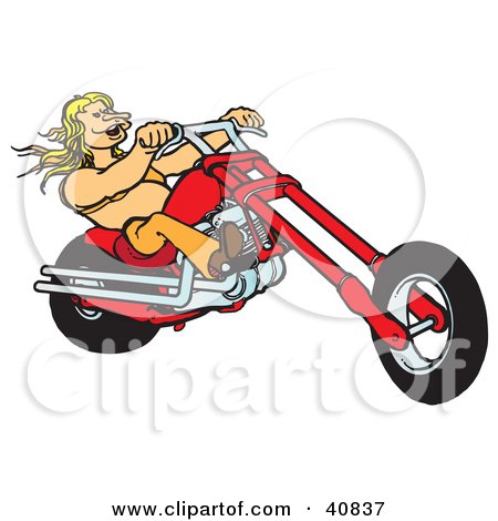 Clipart Illustration of a Blond Biker Chick in a Halter Top, Riding Her Red Chopper by Snowy