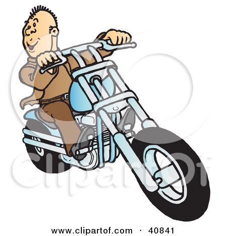 Clipart Illustration of a Happy Biker Dude Dressed In Brown, Riding On His Blue Chopper by Snowy
