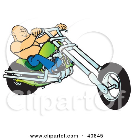 Clipart Illustration of a Shirtless, Bald Biker Dude Riding His Green Chopper by Snowy