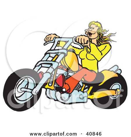 Clipart Illustration of a Blond Biker Chick Riding Her Yellow Chopper by Snowy