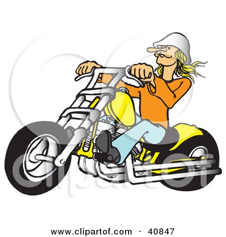 Clipart Illustration of a Blond Biker Chick Wearing A White Hat, Riding Her Yellow Chopper by Snowy