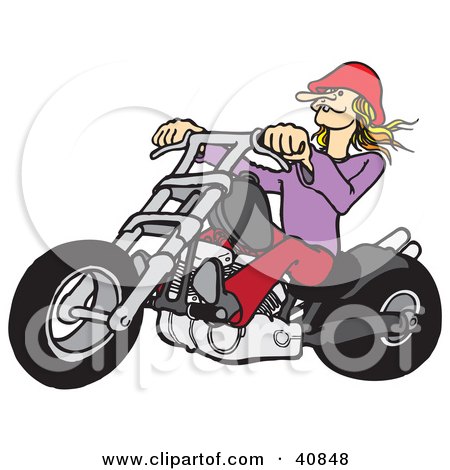 Clipart Illustration of a Blond Biker Chick Wearing A Red Hat, Riding Her Red Chopper by Snowy