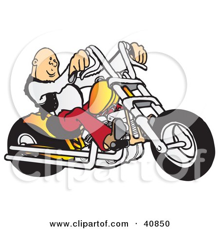 Clipart Illustration of a Cool, Bald Biker Dude Driving His Orange Chopper by Snowy