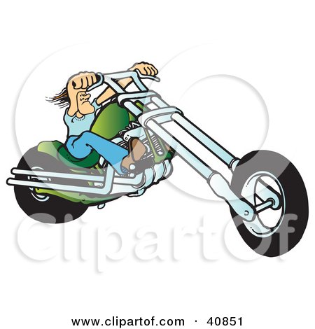 Clipart Illustration of a Tough Biker Dude Resting His Arms On His Chopper Handles While Taking A Ride On His Green Motorcycle by Snowy