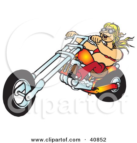 Clipart Illustration of a Blond Biker Chick In A Halter Top, Riding Her Orange Chopper by Snowy
