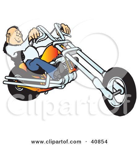 Clipart Illustration of a Cool Balding Biker Man Riding His Orange Chopper by Snowy