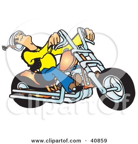 Clipart Illustration of a Biker Dude's Head Falling Back While Riding A Powerful Orange Chopper by Snowy