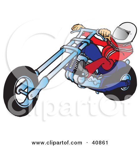 Clipart Illustration of a Biker Dude In A Helmet, Riding A Blue Chopper by Snowy