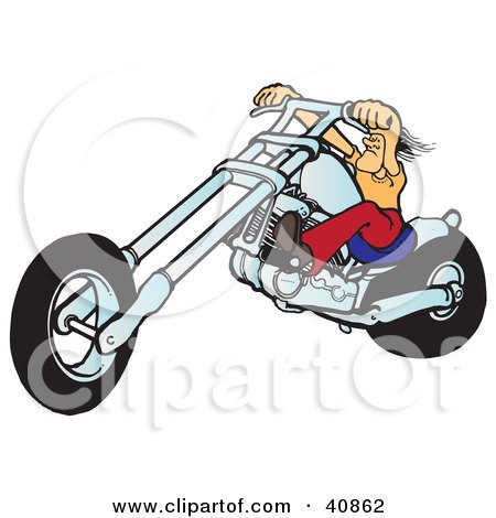 Clipart Illustration of a Tough Biker Dude Resting His Arms On His Chopper Handles While Taking A Ride On His Chrome Motorcycle by Snowy