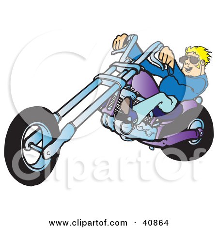Clipart Illustration of a Young, Blond Biker Dude In Shades, Riding His Purple Chopper by Snowy