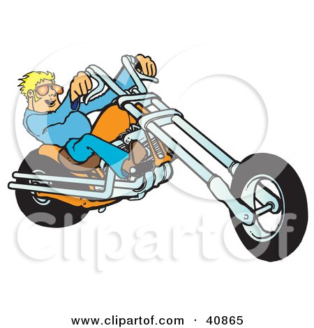 Clipart Illustration of a Young, Blond Biker Dude In Shades, Riding His Orange Chopper by Snowy