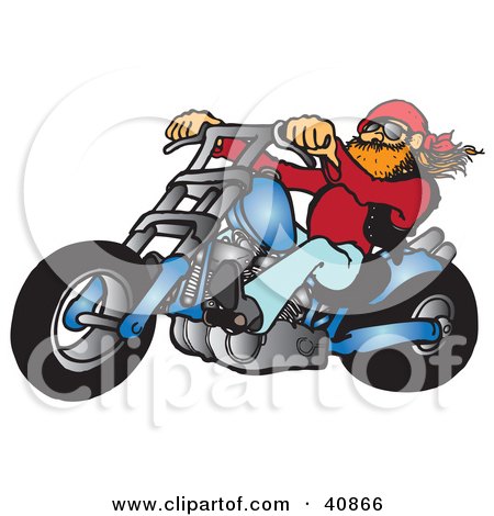 Clipart Illustration of an Orange Bearded Biker Dude Riding His Blue Chopper by Snowy