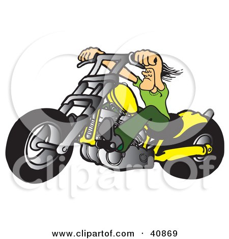Clipart Illustration of a Tough Biker Dude Resting His Arms On His Chopper  Handles While Taking A Ride On His Yellow Motorcycle by Snowy #40869