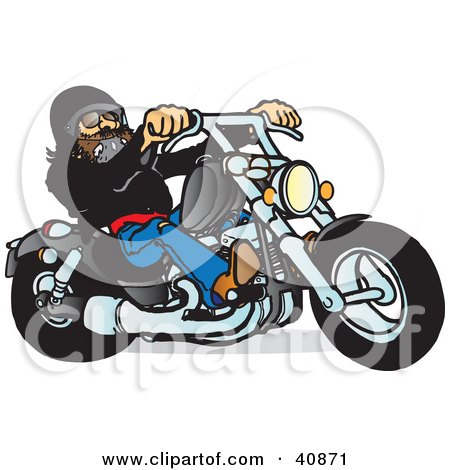 Clipart Illustration of a Cool Motorcycle Dude With A Beard, Riding His Black Chopper by Snowy