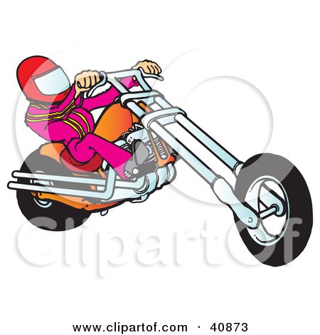 Clipart Illustration of a Biker Dude In A Helmet, Riding An Orange Chopper by Snowy