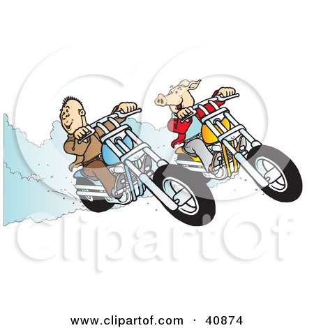 Clipart Illustration of a Carefree Biker Dude And Hog Racing Their Choppers by Snowy