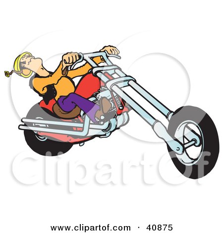 Clipart Illustration of a Biker Dude's Head Falling Back While Riding A Powerful Red Chopper by Snowy