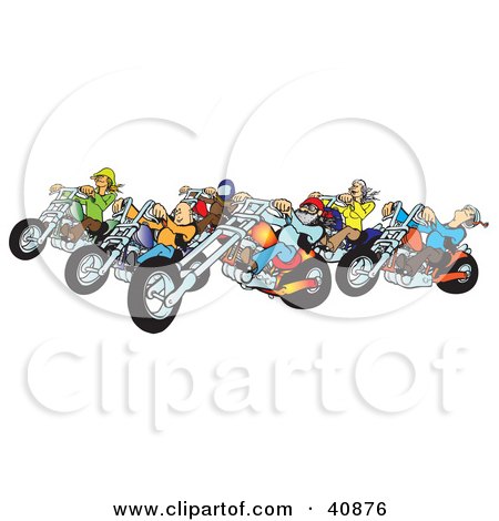 Clipart Illustration of a Group Of Biker Chicks And Dudes Riding Their Colorful Choppers by Snowy