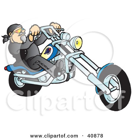 Clipart Illustration of a Riding Biker Dude On His Blue Chopper by Snowy