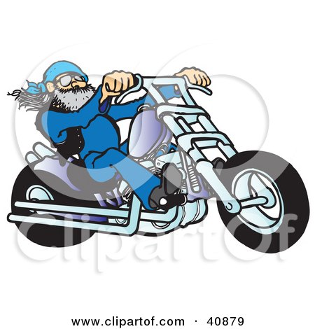 Clipart Illustration of a Cool Motorcycle Dude With A Beard, Riding His Blue Chopper by Snowy