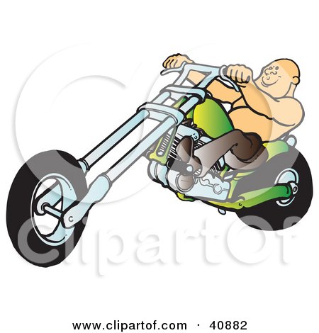 Clipart Illustration of a Bald And Shirtless Biker Dude Riding His Green Chopper by Snowy